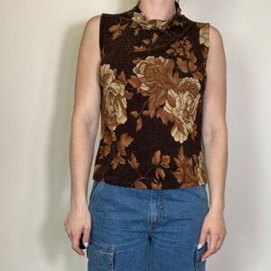 Vintage JKLA California Sleeveless Metallic Floral & Leaf Print Top Sz M